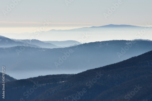 View on the Bieszczady mountains, Poland in fog.
