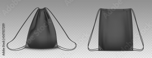 Backpack bag with drawstrings isolated on transparent background. Vector realistic mockup of school pouch for clothes and shoes, black empty and full sport knapsacks with strings