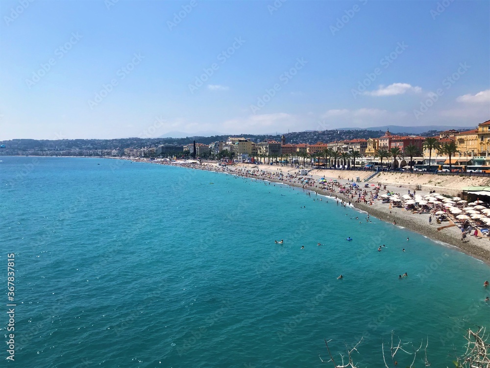 Panoramic view of sea, coast and beaches in Nice, Cote d'Azur, France