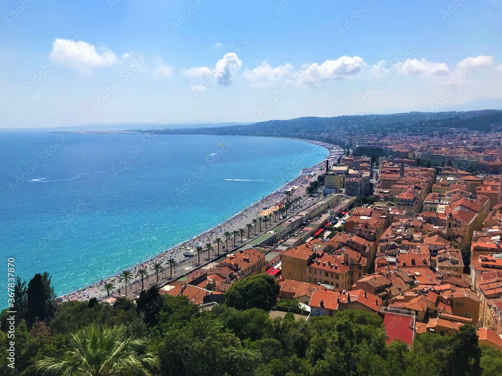 Panoramic view of sea, coast and town, Nice, Cote d'Azur, France