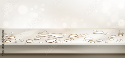 Water spills on table top perspective view. Vector realistic background with liquid puddles, water drops on wet kitchen desk surface. Empty countertop with aqua splashes on abstract background