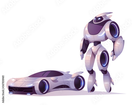 Robot transformer in form of android and car isolated on white background. Vector cartoon illustration of futuristic cyborg, mechanical soldier, cyborg character