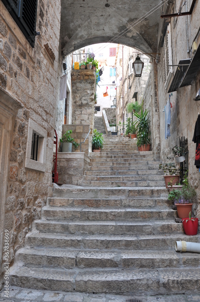 Stone stairs up on the streets of the ancient city of Dubrovnik.