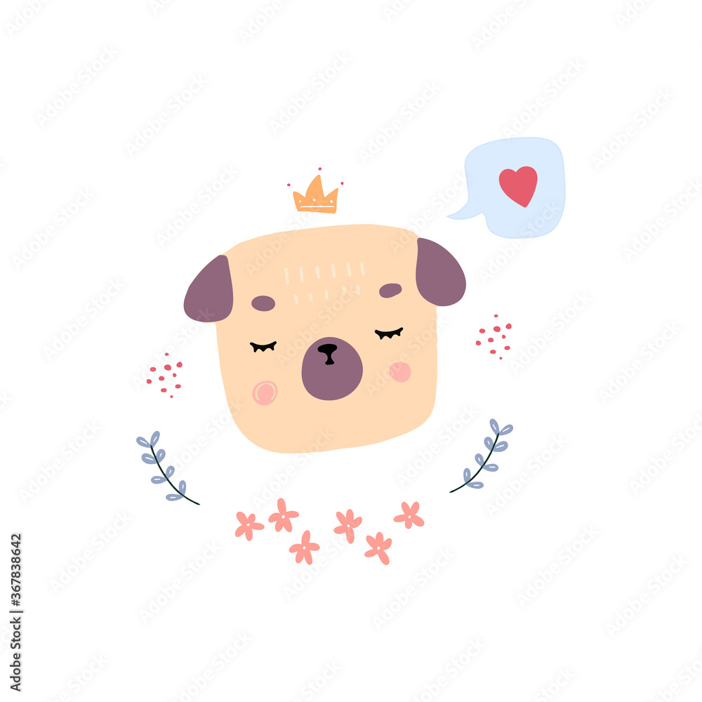 Vector illustration of pug cute head on white background. Drawn by hand doodle style doggy with elements. Perfect for childish designs. Vector illustration of pug cute head on white background. Drawn by hand doodle style doggy with elements. Perfect for childish designs.