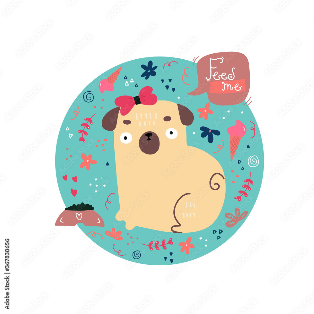 Vector illustration of little cartoon pug on white background. Hand drawn doodle of cute doggy with different elements. Good for childish designs. Vector illustration of little cartoon pug on white background. Hand drawn doodle of cute doggy with different elements. Good for childish designs.