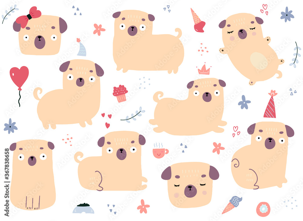 Drawn by hand vector set of cartoon pugs on white background. Vector illustration of different doodle colorful elements and doggies. Childish design.