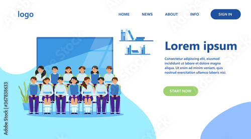 School students posing for class photo in classroom. Teen boys and girls in uniforms sitting in rows near blackboard. Vector illustration for memory, classmates, education concept