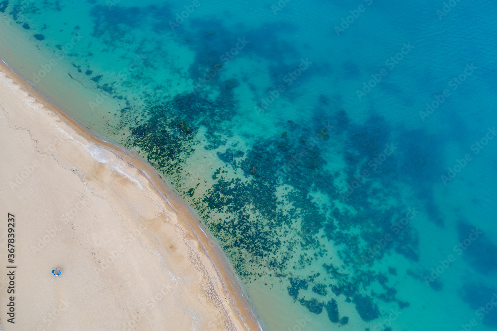 Top view aerial photo from flying drone of beautiful sea landscape with turquoise water with copy space for your advertising text message or promotional content. website background.