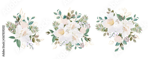 Set bouquets with leaves and flowers, watercolor, isolated on white. Vector Watercolor. © helenagl