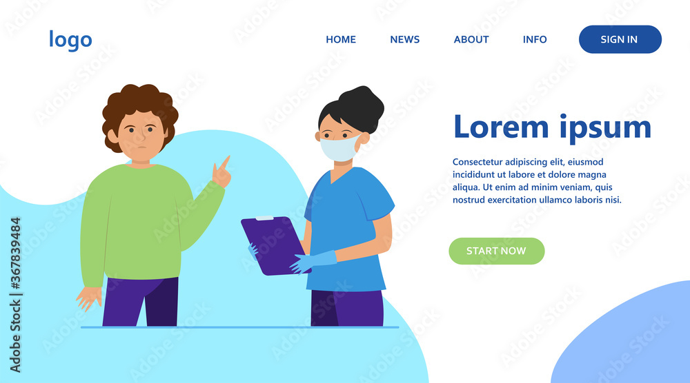 Patient visiting doctor office. Man consulting his physician wearing face mask flat vector illustration. Medical examination, healthcare concept for banner, website design or landing web page
