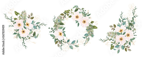 Set bouquets with leaves and flowers  watercolor  isolated on white. Vector Watercolor.