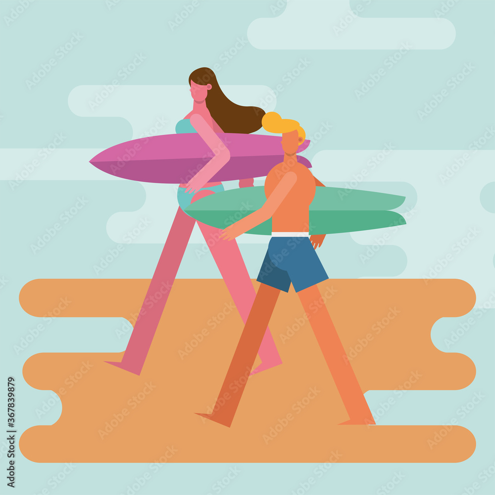 young couple wearing swimsuits walking with surfboards characters
