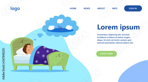 Little boy lying in bed and counting sheep. Dream, kid, sleeping flat vector illustration. Lifestyle and childhood concept for banner, website design or landing web page