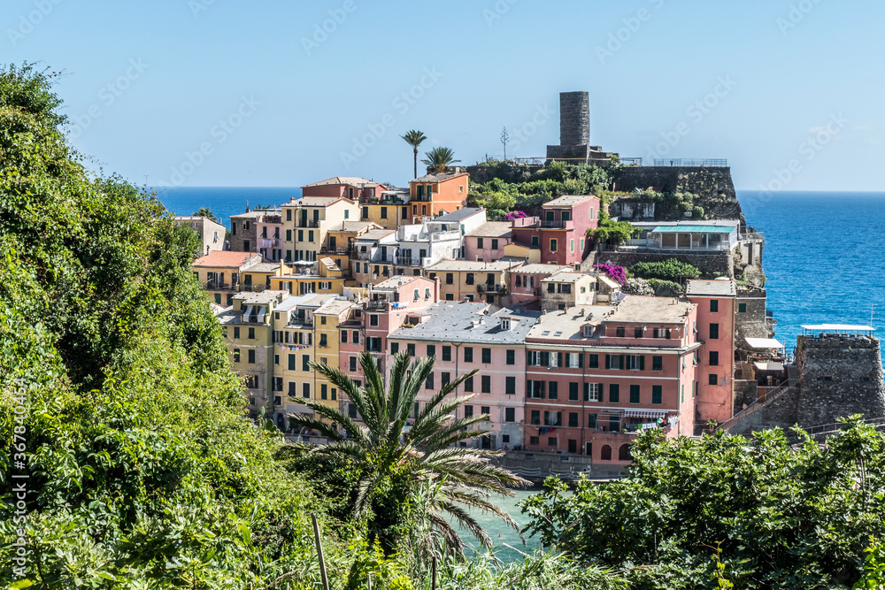Obraz premium aerial view of Vernazza in the Cinque Terre with colorful houses and flowers