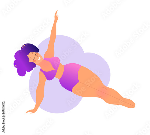 Plus size curvy lady doing yoga class. Vector illustration isolated on white. Online home workout concept. Body positive. Attractive overweight woman. Vasisthasana or Side Plank pose