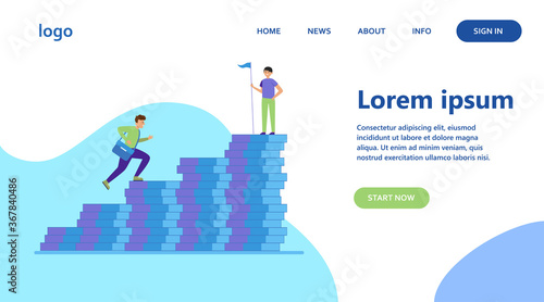 Man climbing on money bar chart. His colleague standing on top with flag flat vector illustration. Finance, success, leader concept for banner, website design or landing web page