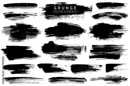 Set of vector ink blots, black brush strokes and splashes. Isolated hatched place for text