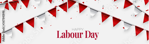 Canada Labour Day banner or header. Canadian red and white bunting flag background. National workers holiday concept. Vector illustration.