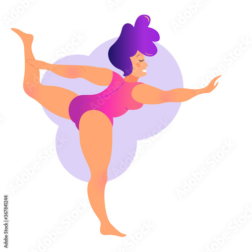 Plus size curvy lady doing yoga class. Vector illustration isolated on white. Online home workout concept. Bodypositive. Attractive overweight woman. Natarajasana or Lord of the Dance Pose