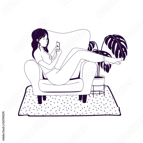Girl holding smartphone, sitting on the couch surfing internet