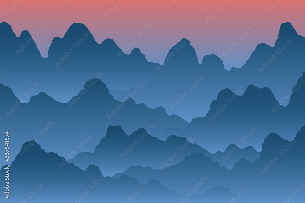 Vector mountain background. Beautiful landscape of morning mountains in fog.