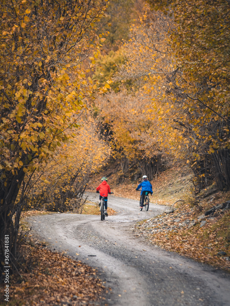 Family mountain biking on forest trail, back view. Cycling outdoors in autumn landscape scenery. Travel destination inspiration in the Pyrenees, Spain.