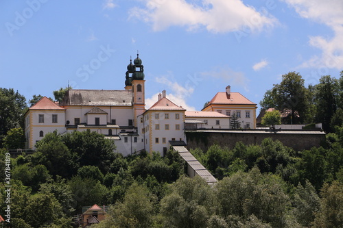 Blick von der Altstadt der Stadt Passau über den Fluss Inn auf das Kloster Maria Hilf auf dem Mariahilfberg photo