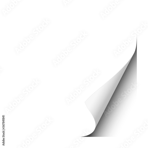 Page curl of lower right corner of white sheet. Vector template paper design.