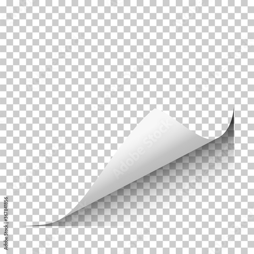 Vector page lower right curl with shadow on blank transparent sheet of paper