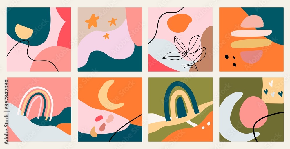 Big Set of eight abstract backgrounds and Pastel colors. Hand drawn various shapes and doodle objects. Vector illustrations.