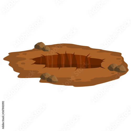 Big hole in ground. Brown dry soil and mine. Element of desert landscape. Cartoon illustration