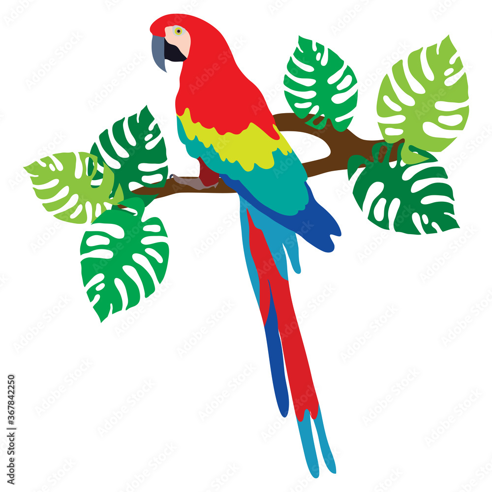 A red macaw sits on a monstera branch.