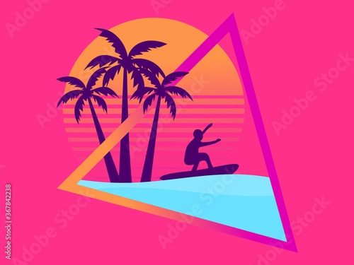 80s retro sci-fi surfer with palm trees on a sunset. Surfer against the backdrop of palm trees and retro futritic sun. Synthwave style. Vector illustration