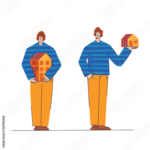 Changing a large house to a small one. Men hold the house in their hands. Mortgage concept. It s hard for a man to pay a mortgage for a big house. home purchase refinancing