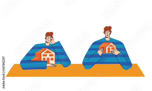 Changing a large house to a small one. Men hold the house in their hands. Mortgage concept. It s hard for a man to pay a mortgage for a big house. home purchase refinancing