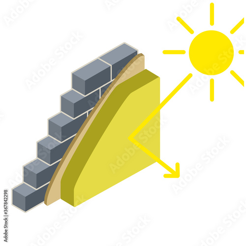 Grey brick wall in isometry with layers of plaster and insulation. Construction of buildings. Material for home repair. Scheme of reflection and protection from heat and sunlight