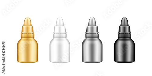 Set of plastic drop bottle with lid mockup. Blank golden, silver, blak and white medicine or cosmetic package for eye, ear or nose drops. Product container template. Isolated 3d vector illustration