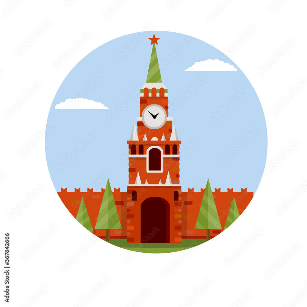 Moscow kremlin. Tourist destination for tour to capital. Fortress with tower and wall. Tourist attraction. Cartoon flat illustration. Summer season. Residence of Russian. President on red square