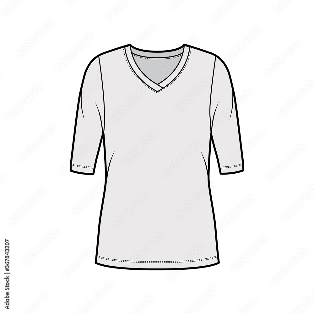 V-neck jersey sweater technical fashion illustration with elbow sleeves, oversized body, tunic length. Flat outwear apparel template front, grey color. Women, men unisex shirt top CAD mockup V-neck jersey sweater technical fashion illustration with elbow sleeves, oversized body, tunic length. Flat outwear apparel template front, grey color. Women, men unisex shirt top CAD mockup