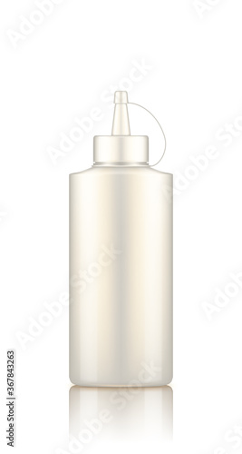 White plastic squeeze mayonaise bottle with cap mockup. Blank food sauce mayo package for restaurant or fast food. Product container template. Isolated 3d vector illustration