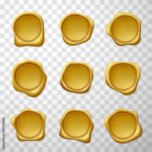 Wax seals gold plated realistic set. Postal stamps round variety. Decoration, confidentiality element.