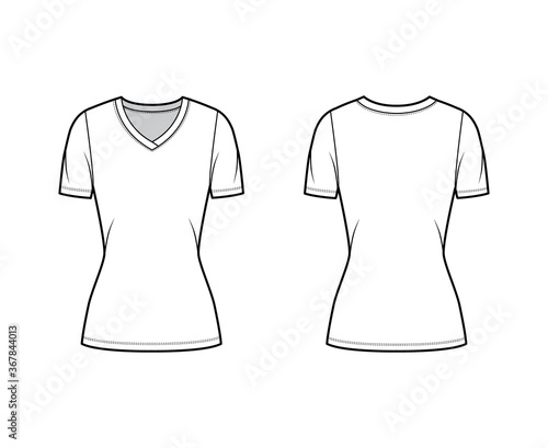 V-neck jersey t-shirt technical fashion illustration with short sleeves, tunic length. Flat sweater apparel template front, back white color. Women, men, unisex outwear top CAD mockup