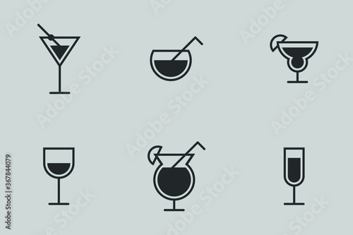 simple vector icon set of six cocktails in black and white