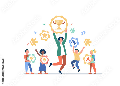 People winning different prizes. Team of winners celebrating achievements, holding gold cup and medals. Vector illustration for trophy, award, success concepts