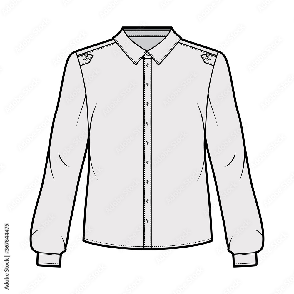 Classic military style shirt technical fashion illustration with buttoned placket, shoulder epaulettes, long sleeves. Flat blouse apparel template front grey color. Women, men unisex top CAD mockup Classic military style shirt technical fashion illustration with buttoned placket, shoulder epaulettes, long sleeves. Flat blouse apparel template front grey color. Women, men unisex top CAD mockup