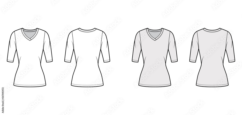 V-neck jersey sweater technical fashion illustration with elbow sleeves, close-fitting shape, tunic length. Flat outwear apparel template front back white grey color. Women men unisex top CAD mockup