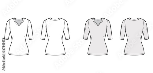 V-neck jersey sweater technical fashion illustration with elbow sleeves, close-fitting shape, tunic length. Flat outwear apparel template front back white grey color. Women men unisex top CAD mockup