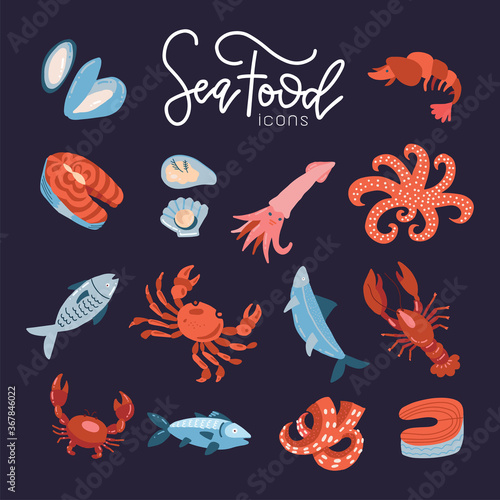 Seafood fish menu restaurant icons set with crab shrimps shell isolated flat vector illustration. © LanaSham