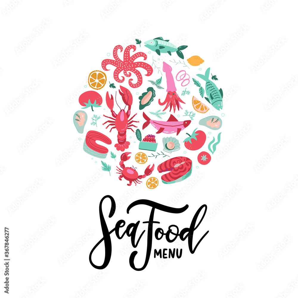 Vector hand drawn seafood banner with lettering Seafood menu. Colored Lobster, salmon, crab, shrimp, octopus, squid, clams. Round border composition. Delicious menu objects. Logo concept Vector hand drawn seafood banner with lettering Seafood menu. Colored Lobster, salmon, crab, shrimp, octopus, squid, clams. Round border composition. Delicious menu objects. Logo concept