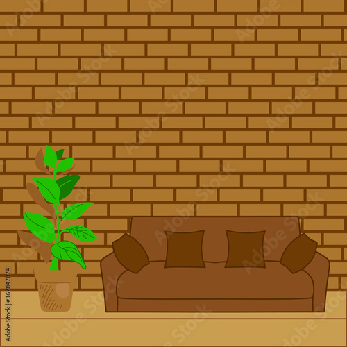 Sofa with pillows and a potted plant on a brick wall background